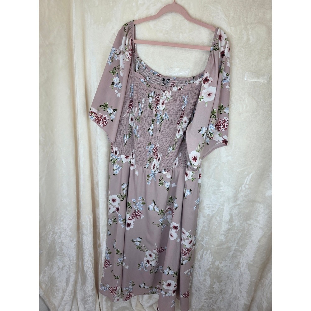 BloomChic Pink Floral Smocked Bodice Midi Dress Plus Size 30 Square Neck Flutter